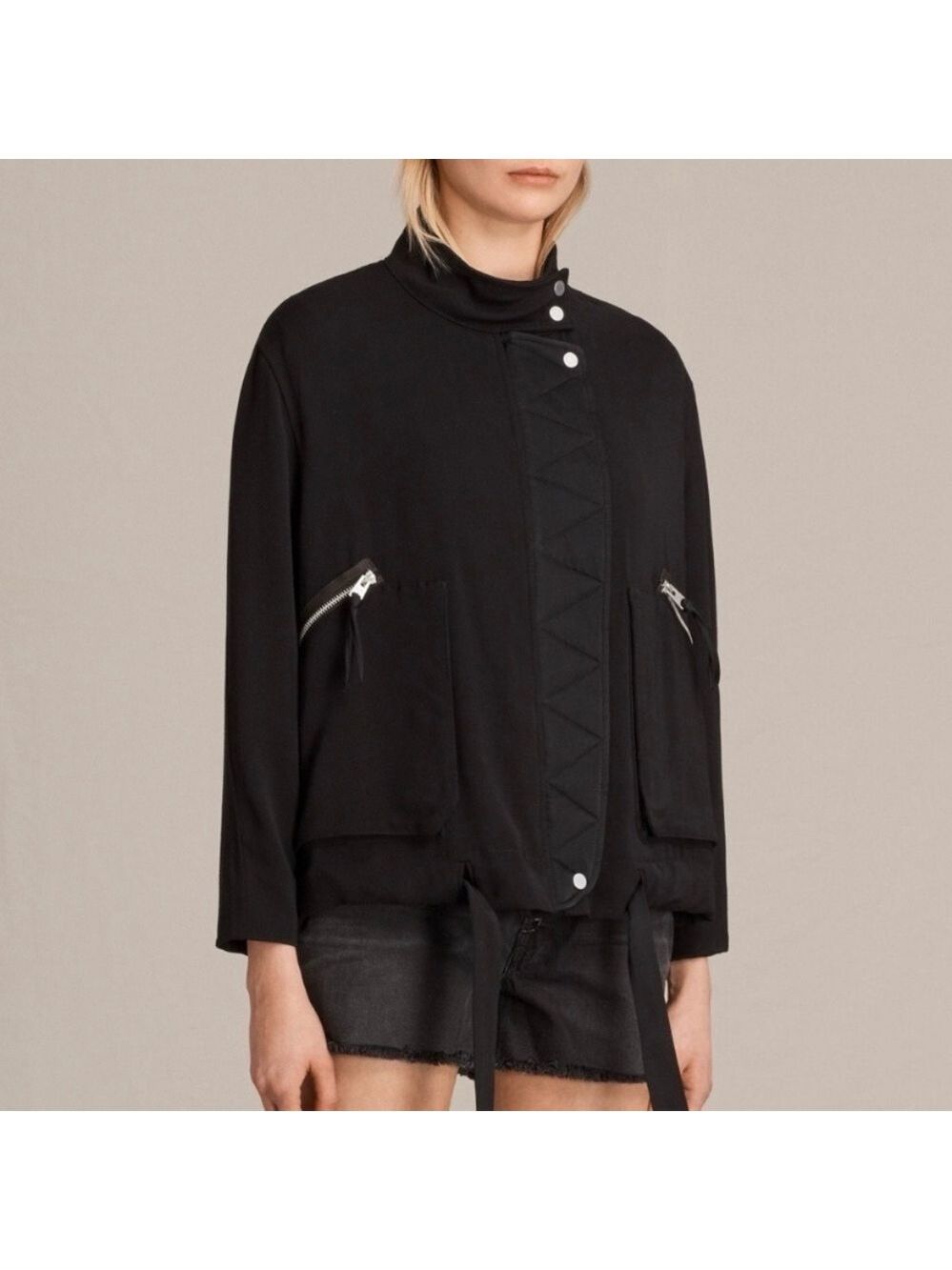 AllSaints Women’s Victoria Black Moto Bomber Jacket Size Small Lightweight